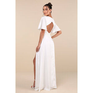 Lulus Elegant Confidence White Satin Flutter Sleeve Cutout Maxi Dress - Size S